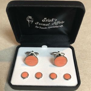 Orange Stud & Cuff Link Set with Silver Trim